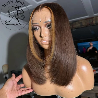 Pelucas delanteras de encaje corte en capas rubio marrón chocolate con peluca sintética sin pegamento Foto 1 de 4