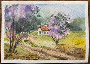 ACEO Original Watercolor Painting Landscape Nature Spring Countryside 2.5x3.5 in - Picture 1 of 1