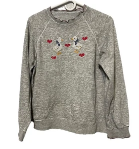 Vintage Hand Knit Cross Stitch Goose In Love Sweater Womens Large Gray Ruffles - Picture 1 of 11