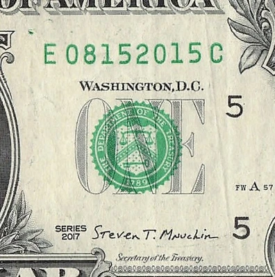 AUG 15 2015 Birthday Fancy Serial Number Date Note One Dollar Bill 08 15 2015 - Image 1 of 4