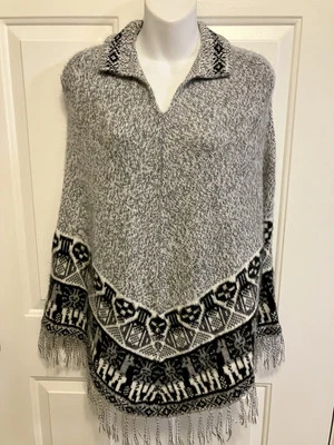 Women’s Alpaca Wool Peru Poncho Cape Scarf Black Gray Small/ Medium Sweater - Image 1 of 4