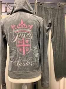 Juicy Couture Velour Reißverschluss Hoodie niedriger Bund gerades Bein Hose 32 x 32 PS - Bild 1 von 15