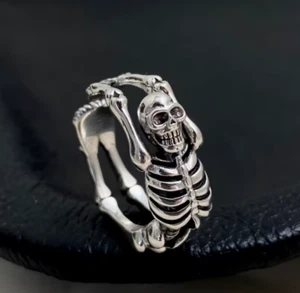 925 Sterling Silver Skull Skeleton Gothic Biker Punk Ring, Open Adjustable,Gift - Picture 1 of 4