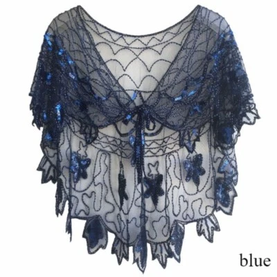 Lady Sheer Sequin Mesh Shawl Beads Wrap Cape Retro Glitter Prom Banquet Elegant - Image 1 of 4
