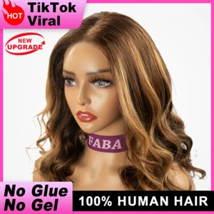4/27 Honigblonde Highlight Lace Verschluss Perücken Echthaar Körperwelle Kleberlose Perücken - Bild 1 von 10