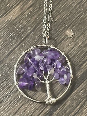 Pingente Ametista Árvore da Vida + 20" Corrente de Aço Inoxidável Bolsa de Presente Azul - Imagem 1 de 4