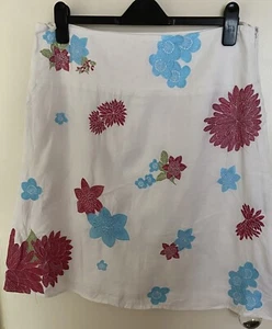 Linea White Linen Skirt With Embroidered Flowers Cotton Lined Size 14 - Picture 1 of 12