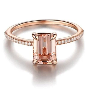 925 Silver Emerald Cut Peach Pink Morganite And Moissanite Diamond Engagement Ri - Picture 1 of 4