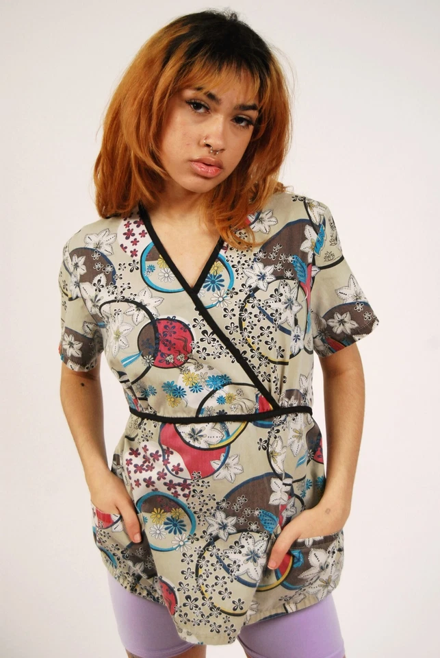 Y2K Floral Top (M) vintage gray tie oversize medium ecru plunge rave kawaii edm - Image 1 of 4
