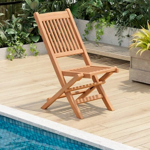 Portable Patio Folding Chair Solid Teak Wood Slatted Seat Natural Outdoor - Picture 1 of 6