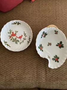Vintage 2 LEFTON CHINA bowl, leaf- CARDINALS & HOLLY RED & GREEN - #04543, #7949 - Picture 1 of 8