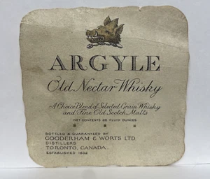Argyle Old Nectar Whiskey Toronto Gooderham Worts Canada CA Label - Picture 1 of 2