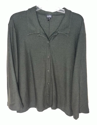 Eileen Fisher 羊毛绉织方格衬衫纽扣领深绿色 XL 码。 d748 银色 — 第 1/4 张图片