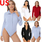 Us_women One-piece Collar Bodysuit Long Sleeve Button Down T-shirt Tops Business
