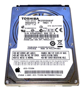 Disco duro HDD de 2,5" TOSHIBA MK2555GSXF 655-1550A 250G Apple A1286 A1278 A1297    - Imagen 1 de 1