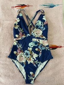Strappy Back, Navy Floral, Onepiece Swimsuit- Size M - Picture 1 of 6