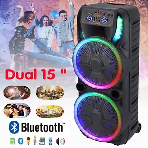 Dual 15 "Bluetooth Large Portable Speaker Subwoofer Heavy Bass Party LED Lights - Picture 1 of 12