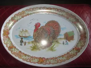 THANKSGIVING Vintage TURKEY PILGRIMS MAYFLOWERS Melamine PLATTER - 1970's - Picture 1 of 3