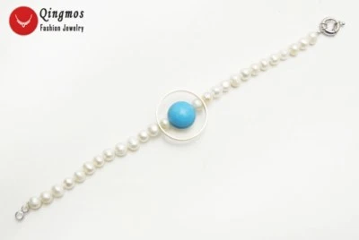 Natural White Pearl Bracelets for Women with 14mm Blue Turquoise Bracelet bra453 - Image 1 of 4