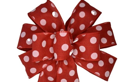 10" Hand Made Red and White Dots on Linen Wired Wreath Bow Valentine Day Love  - Image 1 of 4