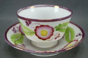 British Hand Painted Pink Luster Yellow & Green Floral Tea Bowl & Saucer 1830-40 - Picture 1 of 10