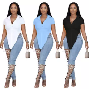 2022 New Women Fashion Short Sleeves V Neck Solid Irregular Patchwork Casual Top - Picture 1 of 14