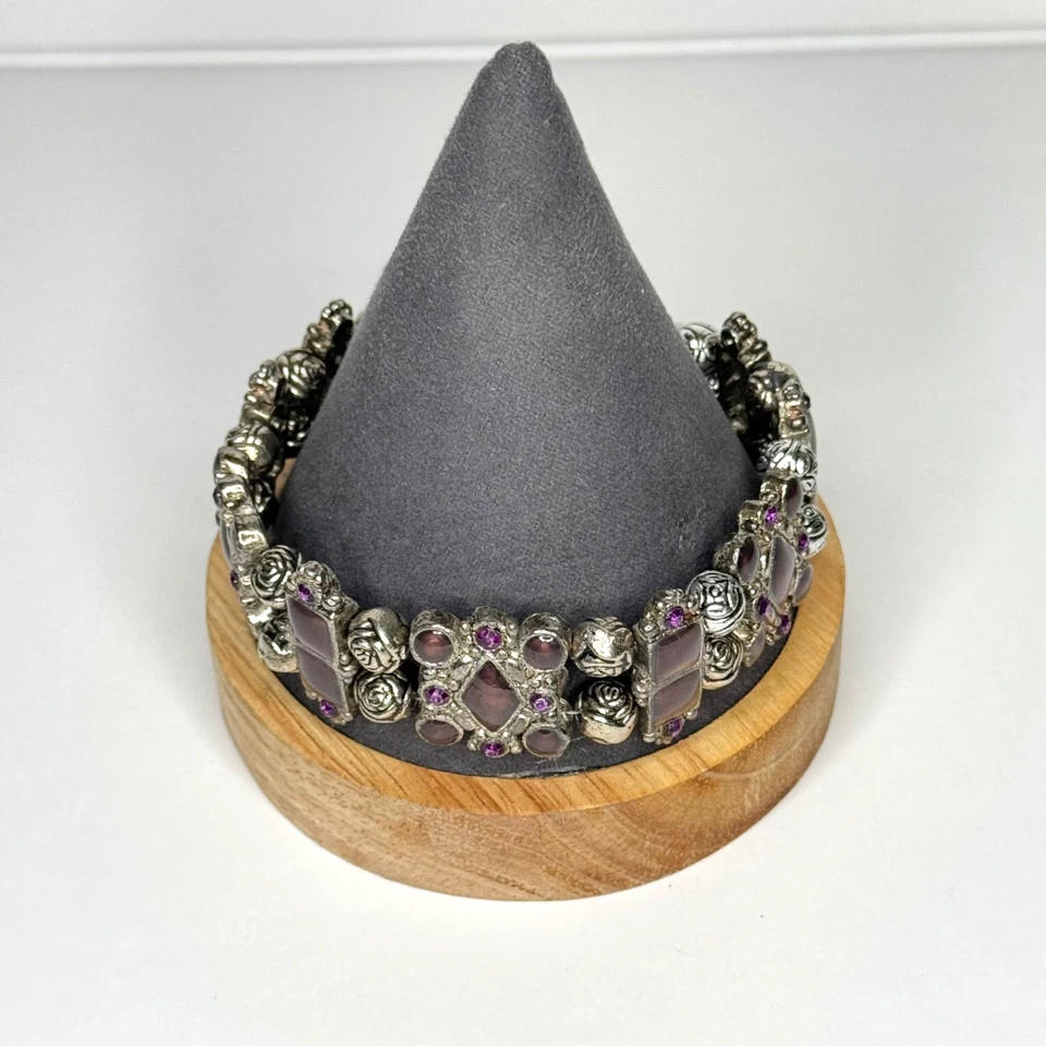 "Pulsera llamativa lavanda estrás esmalte tono plata cierre de palanca 9""" Foto 1 de 4