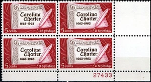 SC# 1230 - 1963 - 5¢ Carolina Charter - Mint Never Hinged - Plate Block of 4 - Picture 1 of 1