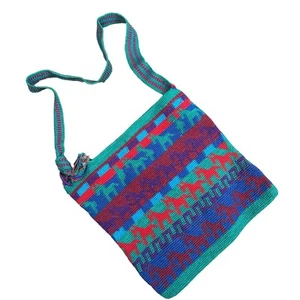 Woven Tote Bag Purse Vintage Mexican Geometric Boho Hippie Colorful Horse Print - Picture 1 of 6