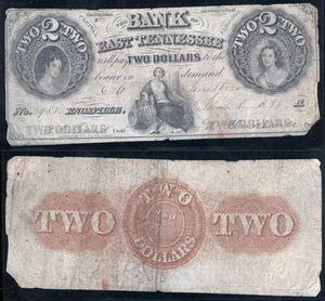 Banconota obsoleta 1853 $2 Bank of East Tennessee firmata S/N 6933 Jonesboro - Foto 1 di 1