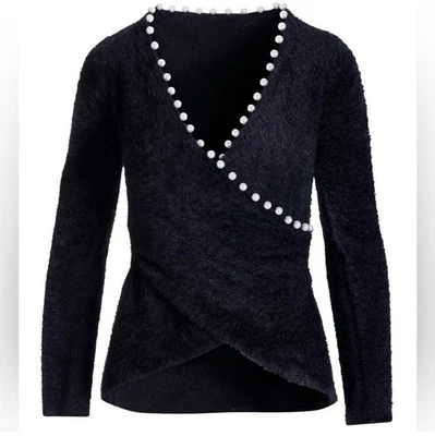 Suéter Boston Proper Nuevo sin Etiquetas Negro Borde Perla Felpa Sobrepelliz En Negro Talla M Elegante Foto 1 de 4