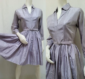 Vintage 1940/50s Pale Purple Silk Dupioni Dress with Belt - Size S - Picture 1 of 14