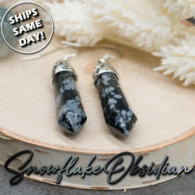 Pendientes colgantes lágrima cristal natural obsidiana copo de nieve alambre de plata Foto 1 de 4