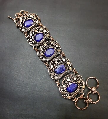 Браслет ювелирный обернутый медной проволокой граненый синий сапфир драгоценные камни - Изображение 1 из 4