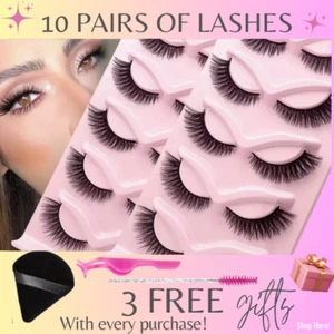 10 Pairs Faux Mink Lashes - Fluffy Cat Eye & Natural + 3 Free Gifts - Picture 1 of 8