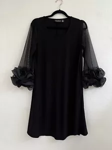 Nina Leonard Damen Cocktailkleid schwarz transparente Ärmel Rüschen Handgelenk elegant Gr. M - Bild 1 von 9