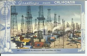 Postal saludos desde California Oil Field Derricks Wells 1954 lino - Imagen 1 de 5