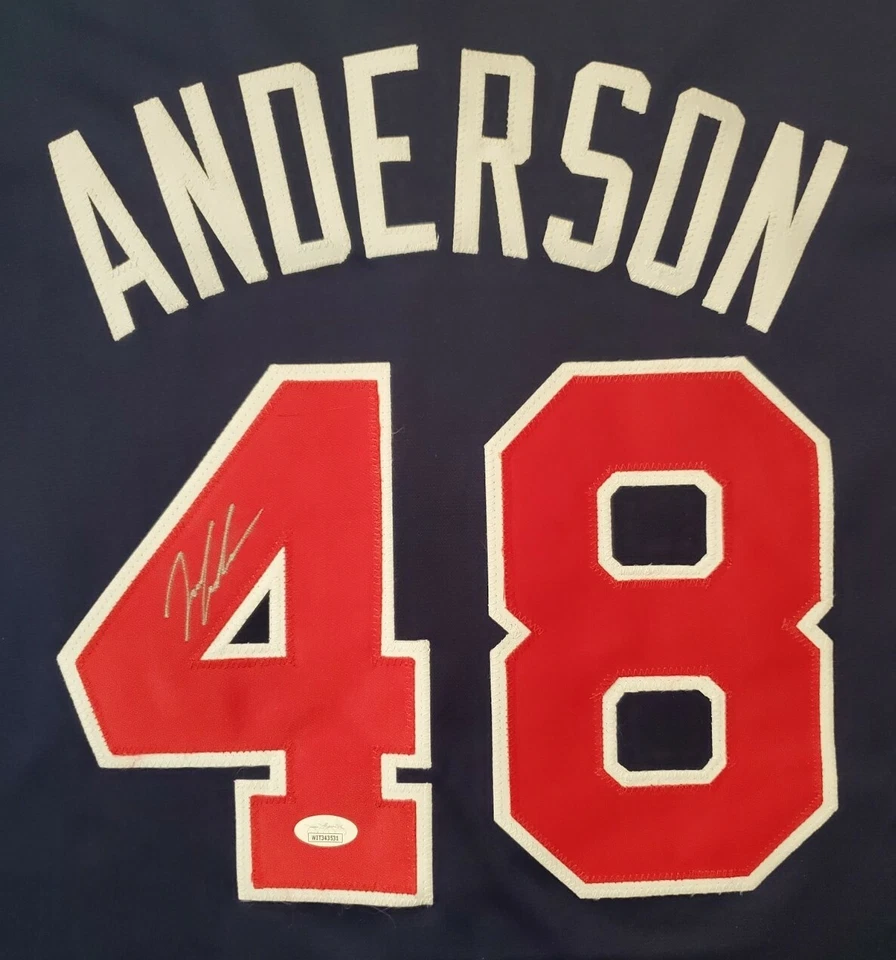 CAMISETA AZUL MARINO PERSONALIZADA AUTOGRAFIADA FIRMADA POR IAN ANDERSON DE LOS ATLANTA BRAVES CERTIFICADO DE AUTENTICIDAD JSA Foto 1 de 4