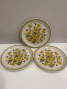 3 Japan Spring Bouquet Stoneware Green Band Yellow Flowers 10" DINNER PLATE - Picture 1 of 3