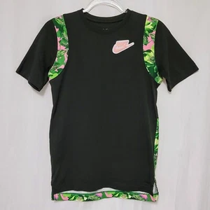 The Nike Tee Girl's Large Green Short Sleeve Floral Trim Pink Chenille Swoosh - Picture 1 of 6