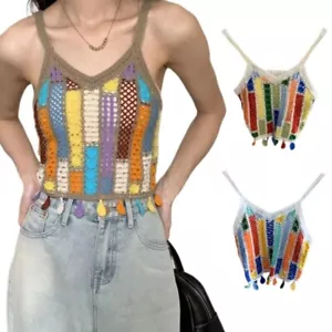 Bohemian Sleeveless V-Neck Crop Top Women Crocheted Colorful Tassels Vests - Picture 1 of 11