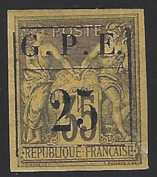 Guadeloupe, 1884, Scott #2, 25c on 35c black on orange, Mint, Hinged - Image 1 of 1