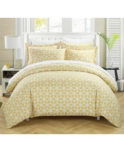 Chic Home Elizabeth 3 Pc Yellow/White Geometric Print Duvet Cover Set Size Queen - Picture 1 of 4