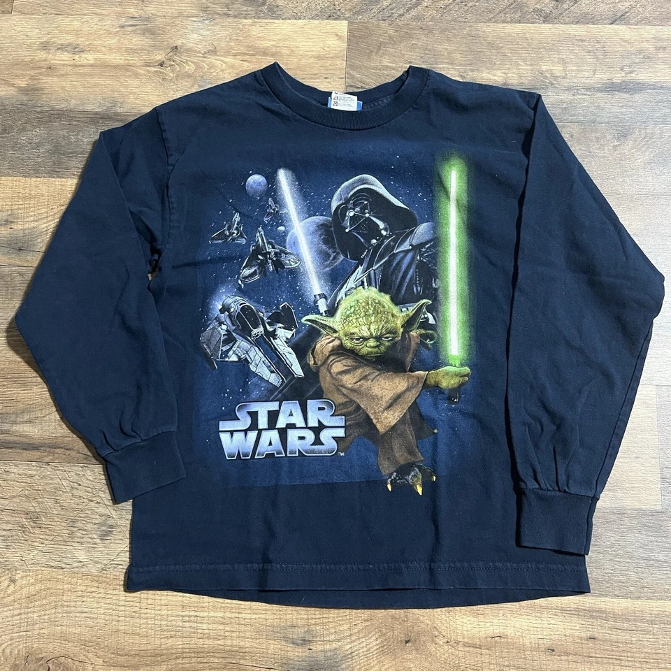 Vintage Star Wars Shirt Long Sleeve Youth Boys L Large Yoda Darth Vader Blue - Image 1 of 4