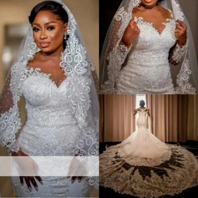 Роскошные русалки свадебные платья v-образным вырезом с длинными рукавами кружева аппликации свадебные платья - Изображение 1 из 4