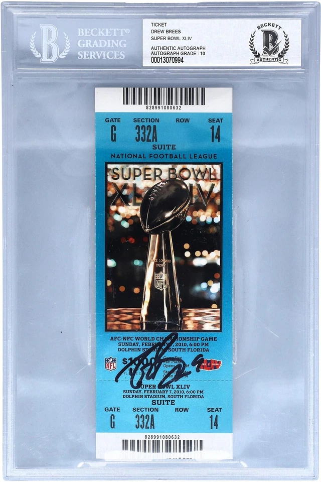 Drew Brees New Orleans Saints Autographed Super Bowl XLIV Ticket BAS Graded 10 - Image 1 of 1