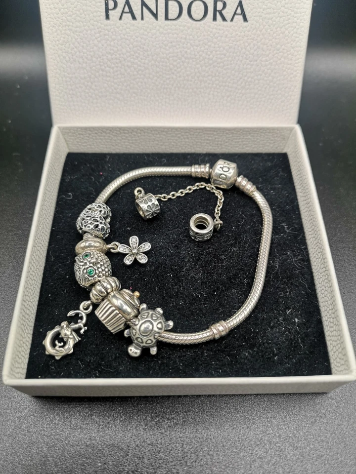 Pandora Charm Bracelet & 7 Charms Sterling Silver 7.5" - Image 1 of 4