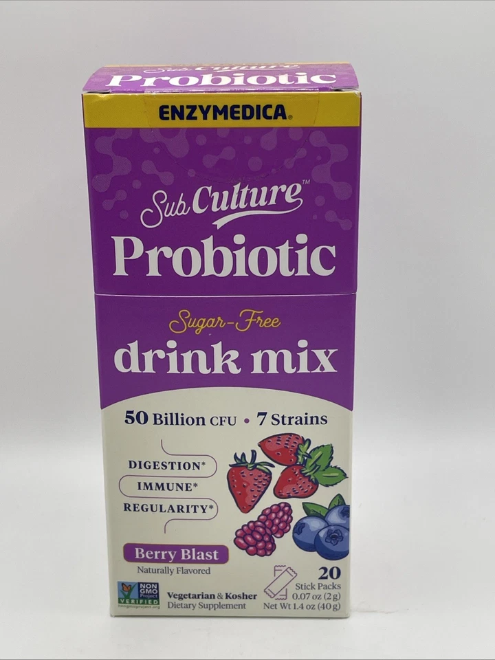 Polvo probiótico Enzymedica SubCulture Berry Blast bebida diaria apoya el intestino H... Foto 1 de 4