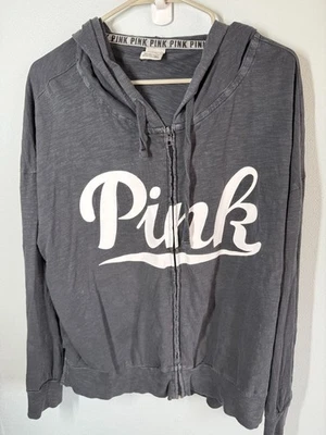 PINK by VS Womens Burnout Logo Side Slit Full ZIp Up Hoodie Large Navy Blue - Image 1 of 4