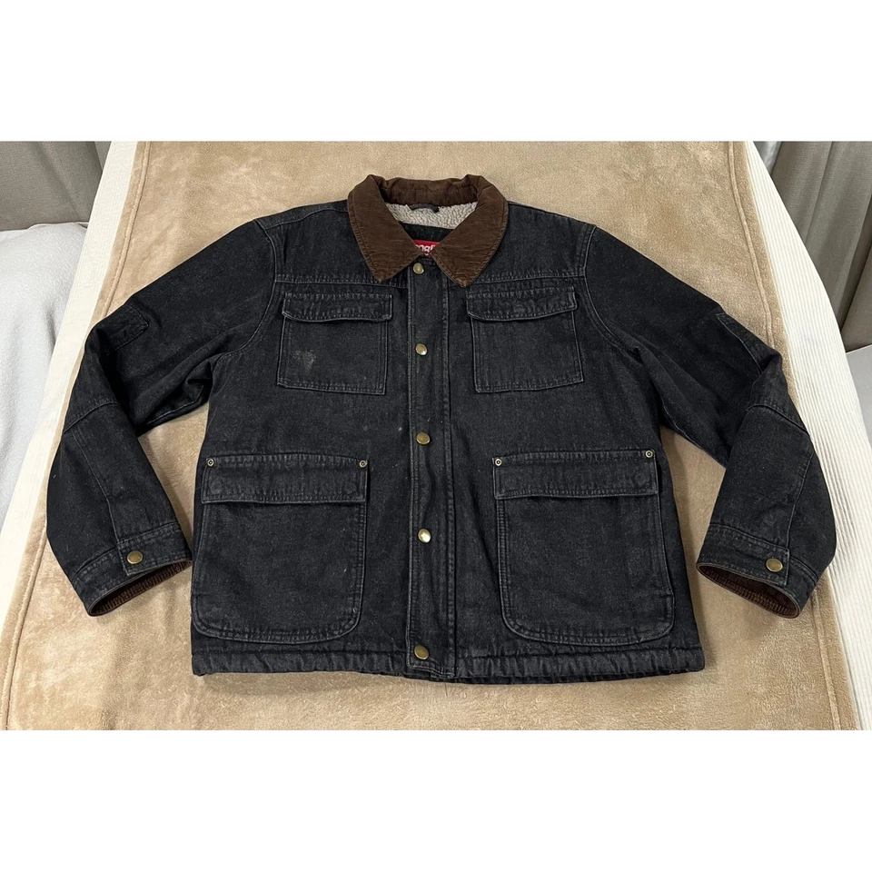 Wrangler Denim Barn Chore Field Jacket XL Black Sherpa Lined Corduroy Collar - Image 1 of 4
